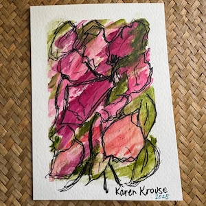 Carte de voeux peinte à la main - Gouache acrylique - Fleurs abstraites - 5 x 7