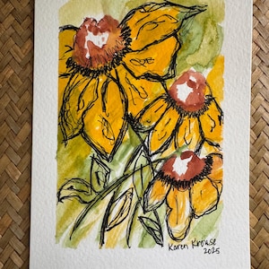 Tarjeta de felicitación pintada a mano - Pintura acrílica gouache - Flores abstractas - 5 x 7