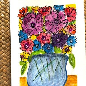Cartão de felicitações pintado à mão - Tinta guache acrílica - Florais abstratos - 5 x 7