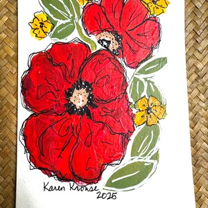 Cartão de felicitações pintado à mão - Tinta guache acrílica - Florais abstratos - 5 x 7