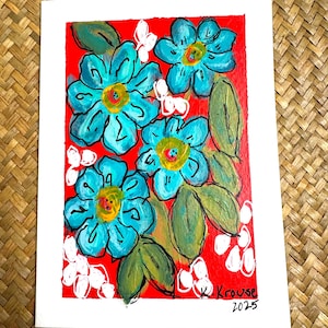 Cartão de felicitações pintado à mão - Tinta guache acrílica - Florais abstratos - 5 x 7