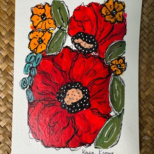 Cartão de felicitações pintado à mão - Tinta guache acrílica - Florais abstratos - 5 x 7