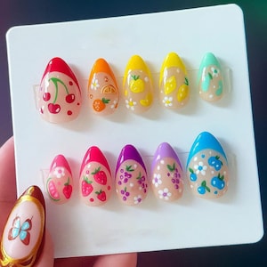 Colorful Fruit Press On Nails, Hand Painted Summer Nail Art Set, Cherry Strawberry Lemon Orange Blueberry Design, Almond Shape Nails