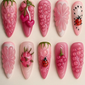 Pink Fruit Press On Nails, 3D Strawberry Grape Dragonfruit Nail Art, Cute Ladybug Summer Nails, Handmade Colorful Long Nail Set