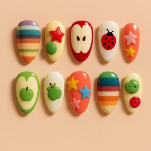 Cute Apple Ladybug Press On Nails, Colorful Star Fruit Gel Tips, Handmade 3D Nail Art Set, Summer Manicure, Fake Nails Kit