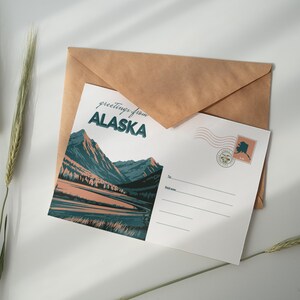 Carte postale de l'Alaska numérique imprimable | affiche de voyage vintage | Décoration murale nature montagne pittoresque | Impression paysage rétro de l'Alaska