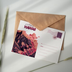 Hawaii Postkarte Digitaldruck – Retro Na Pali Coast Landschaft Kunst, Pazifik Sonnenuntergang Tropisch | USA Postkarte