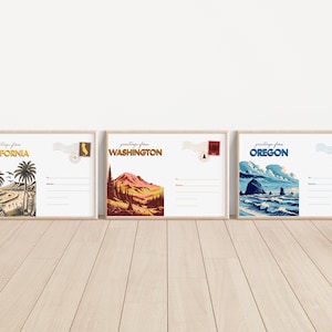 PNW Postcards Art Bundle – Washington, Oregon & California Digital Prints, Retro Travel Seascape Wall Art Set, Pacific Coast Printable Decor