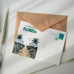 Florida Postkarte | Palme Strand Sonnenuntergang Postkarte - Tropisch Küsten Kunstdruck, Sommer Reise Briefpapier Meer Souvenir Geschenk | USA Postkarte