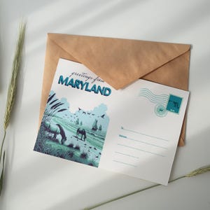 Cartolina d'epoca del Maryland stampabile / Download digitale dei cavalli selvaggi di Assateague / Cartolina da parete dello stato costiero / Stampa di viaggio retrò