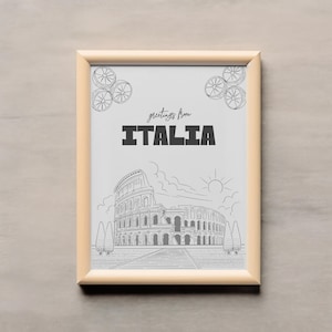 Art mural affiche de voyage en Italie - affiche d'art au trait Colisée, salutations d'Italie en téléchargement numérique, impression murale de décoration de voyage à Rome