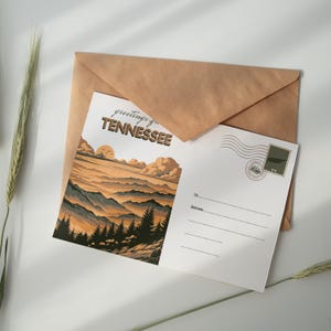 Cartolina del Tennessee, Smoky Mountains, alba, stampa artistica, paesaggio montano nebbioso, natura panoramica, cancelleria dal sud