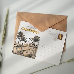 Digitale download briefkaart Californië - Retro strandkunst aan de muur met palmboom Kustdecor en vintage reissouvenirafdruk