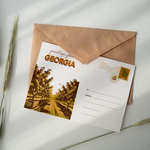 Cartão postal da Geórgia | Cartão postal do pomar de pêssegos – Impressão de paisagem da fazenda Golden Hour, artigos de papelaria para o interior do sul, lembrança de viagem do estado do pêssego