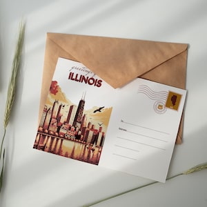 Illinois Postcard Vintage Chicago Skyline Art Print – Retro Travel Souvenir, Lake Michigan Sunset Greetings from Illinois