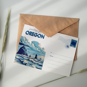 Carte postale de l'Oregon ou côte - art mural vintage roche de la botte de foin, affiche de voyage de l'Oregon, téléchargement numérique paysage côtier, art imprimable PNW USA