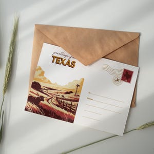 Texas Postkarte Digitaler Download - Western Landschaft druckbare Kunst mit Rind, Windmühle & Prärie Szene für die Reise Wand dekor | USA Postkarte