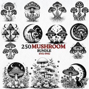 May include: A collection of 250 black and white mushroom illustrations in a variety of styles, including whimsical, psychedelic, and traditional. The illustrations are perfect for use in digital and physical crafts, such as t-shirts, mugs, stickers, and more.