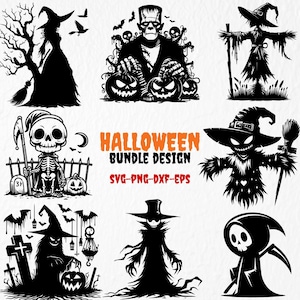 May include: A set of nine black and white Halloween SVG cut files featuring a witch, Frankenstein, a scarecrow, a skeleton, a reaper, a ghost, and a pumpkin. The text "Halloween Bundle Design SVG-PNG-DXF-EPS" is included in the image.