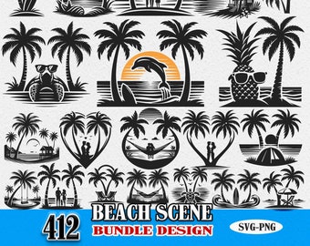 Pacchetto SVG di scene di spiaggia, file di taglio di spiagge tropicali, sagome di palme al tramonto, clipart di paesaggi oceanici, vacanze in spiaggia per surfisti Cricut