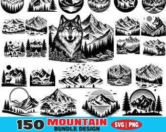 Paquete SVG de montaña, 150 diseños de montaña, Lobo SVG, PNG, Imágenes Prediseñadas de aventura al aire libre, Silueta de bosque, Camping Svg
