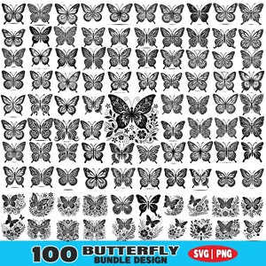 May include: A set of 100 black and white butterfly SVG and PNG designs. The butterflies are in various poses and styles, including some with floral accents. The text "100 Butterfly Bundle Design" and "SVG | PNG" is at the bottom of the image.