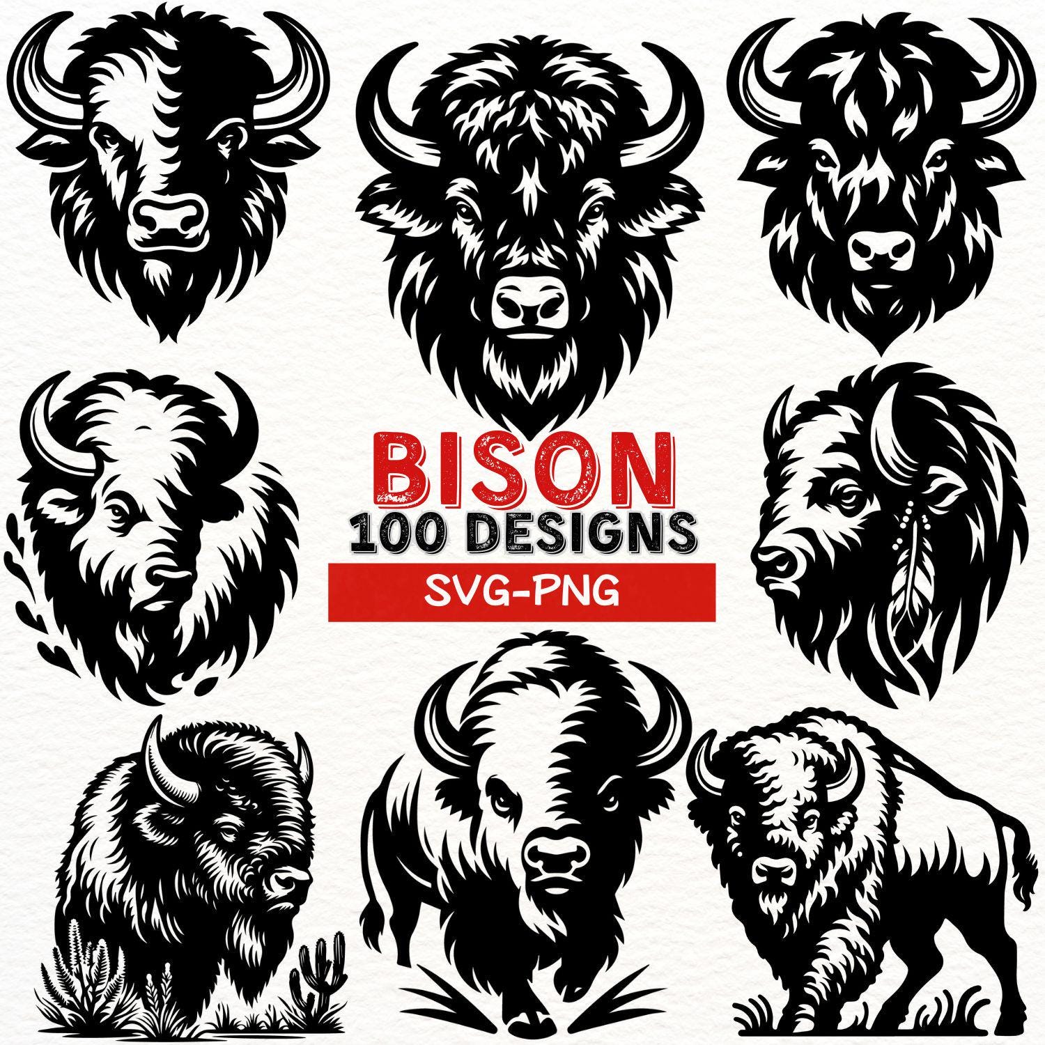 Bison SVG PNG Designs Bundle | Bison Head Silhouette Clipart | Buffalo Graphic for Cricut, Laser Cutting, Sublimation, T-shirt Printing
