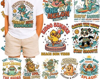 May include: A white t-shirt featuring a dinosaur graphic with sunglasses and the text "STAYIN' COOL ROLLIN' INTO SUMMER!". The image also includes other summer-themed graphics and the text "100 SUMMER KIDS PNG".