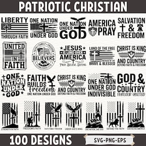 May include: A selection of patriotic Christian designs, incorporating American flags, crosses, eagles, and religious phrases. The designs include text such as "Liberty," "One Nation Under God," and "United in Faith," ideal for craft projects.