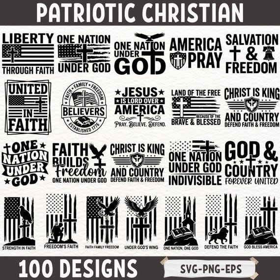 Patriotic Christian SVG Bundle with Cross Flag Designs, Faith and Freedom Quotes, One Nation Under God American Religious Clipart
