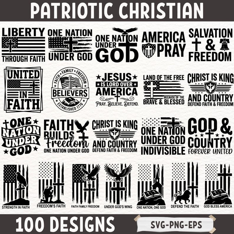 May include: A collection of patriotic Christian designs featuring American flags, crosses, eagles, and religious phrases. The designs include text such as "Liberty," "One Nation Under God," and "United in Faith," suitable for various craft projects.