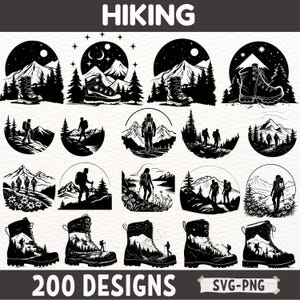 Paquete SVG de senderismo: diseños de aventuras en la montaña, gráficos para botas de acampada, siluetas de naturaleza para senderismo, archivos PNG para manualidades digitales