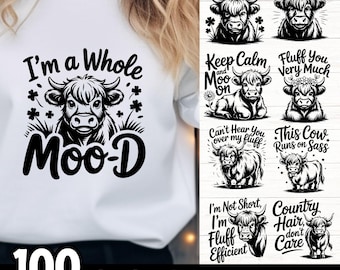 Highland Cow SVG Bundle for Shirts Mugs Crafts – 100 Cute Cow Designs with Quotes – Commercial Use SVG PNG Eps Cut Files
