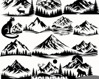 SVG-bundel berg, 300 ontwerpen van wildernisbergen, dieren in het wild natuur clipart, boslandschap gesneden bestanden voor Cricut, png, silhouet