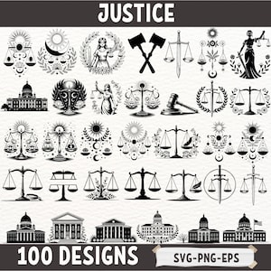 Puede incluir: Una colección de 100 diseños en blanco y negro con temática de justicia. Los diseños incluyen balanzas, mazos, espadas e ilustraciones de edificios. La palabra "JUSTICE" está en la parte superior y "100 DESIGNS" en la inferior. Formatos de archivo SVG, PNG y EPS.
