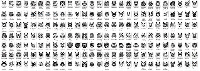May include: A black and white image showing 100 different cat breeds. Each cat breed is shown in a square with the breed name below it.
