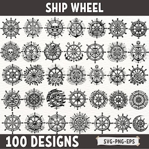 May include: A collection of 100 black and white ship wheel designs. The designs feature various nautical elements, including anchors, ropes, and stars. The text "SHIP WHEEL" is at the top of the image, and the text "100 DESIGNS" is at the bottom of the image. The text "SVG-PNG-EPS" is in the lower right corner of the image.