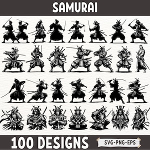 Samurai Silhouette SVG Bundle, Japanese Warrior Clipart PNG, Katana Sword EPS Files, Bushido Martial Arts Digital Download Set