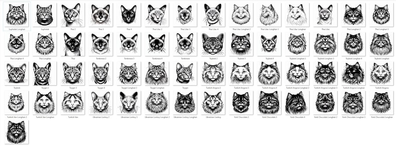 May include: A collection of 64 black and white illustrations of different cat breeds. Each illustration is a close-up of the cat's head and features a unique style.