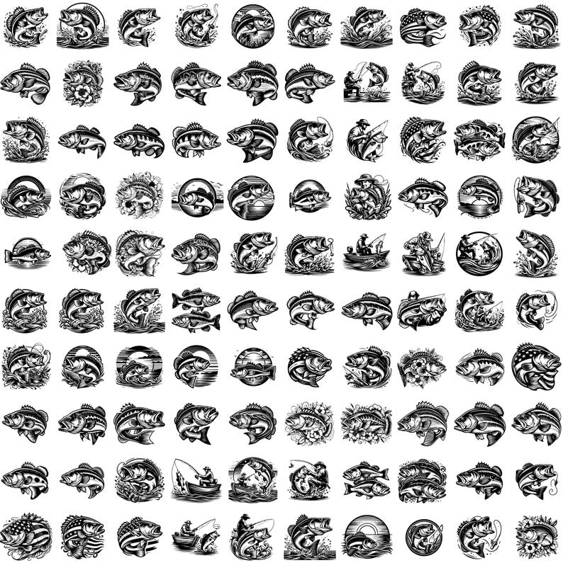 Bass Fischen SVG Bundle, 100 Bass Fisch-Designs, Fischer PNG, Fischerboot SVG Clipart, Fisch Cut Files für Cricut, Angeln Abziehbilder Bild 2
