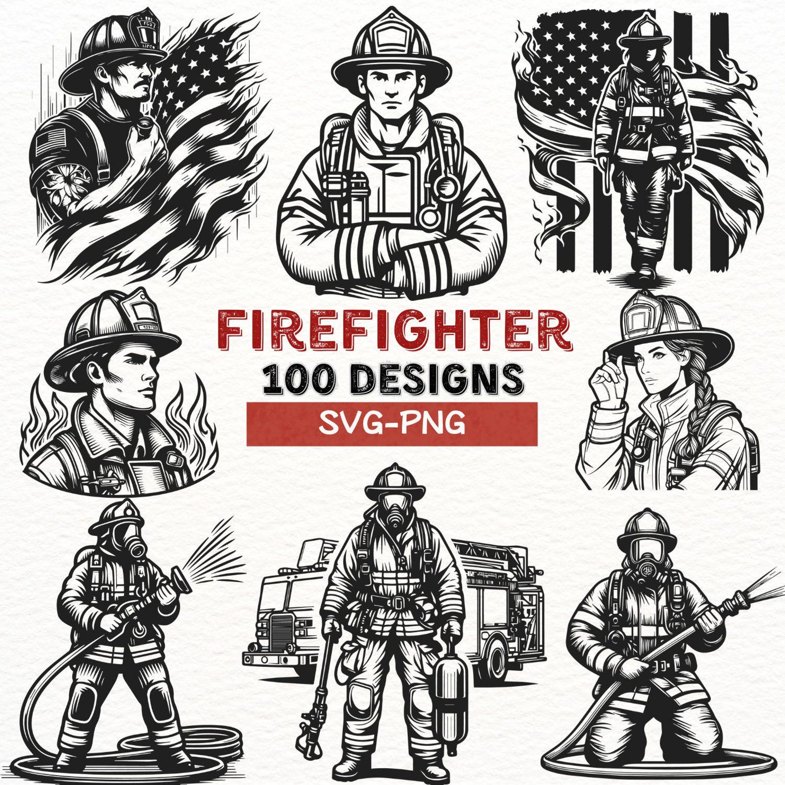 Firefighter SVG Bundle 100 Designs, Fireman Clipart PNG, Firefighter ...