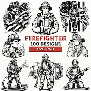 Pompier SVG Bundle 100 modèles, pompier Clipart PNG, casque de pompier SVG, art numérique de sauvetage, pompiers coupe des fichiers