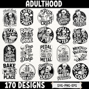 Funny Skeleton SVG Bundle for Adults – 170 Humorous Quotes & Sayings, Coffee Pizza Beer Clipart, Retro Goth Halloween PNG EPS Cut Files