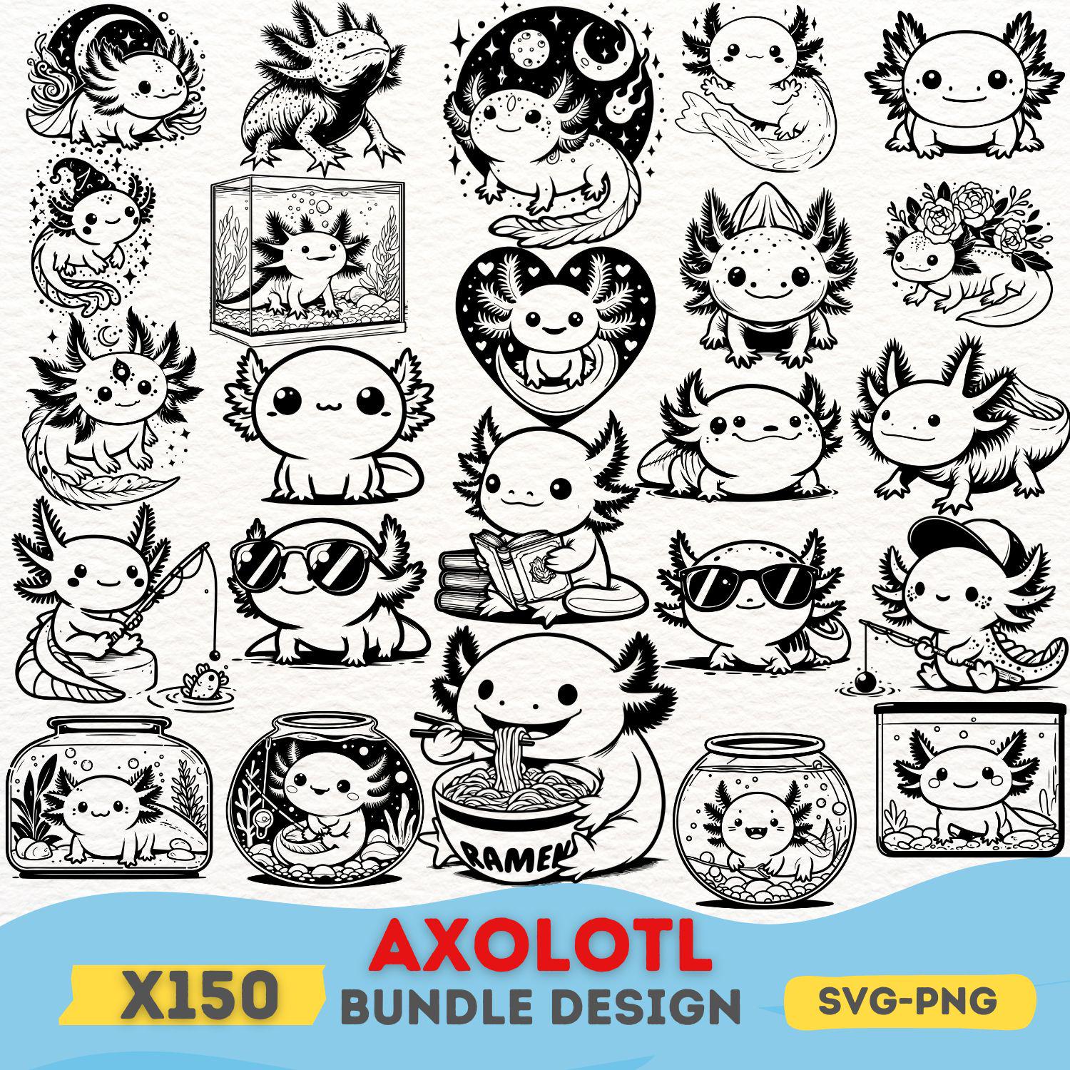 Niedliche Axolotl SVG-Designs | Entzückendes Axolotl PNG Bundle für Cricut, Sublimation und Kunsthandwerk | Kawaii Axolotl Clipart für DIY-Projekte