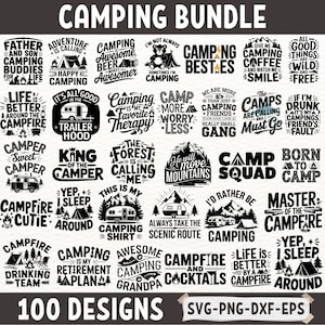 Paquete SVG de camping / 100 diseños de citas de camping / Camiseta SVG de campista / Diseños de sublimación de camping / Archivos vectoriales de senderismo, autocaravanas y fogatas