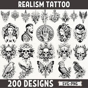 Realismus Tattoo-Design-Bundle - Hochwertige SVG- und PNG-Tattoo-Kunst - Schädel-, Blumen-, Vogel- und traditionelle Stil-Illustrationen