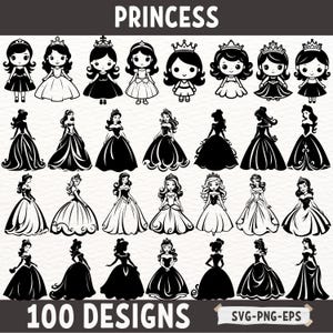 Prinses SVG-bundel, 100 prinses silhouet clipart, schattige prinses SVG png eps, prinses gesneden bestanden voor de Cricut, sprookje prinses kunst