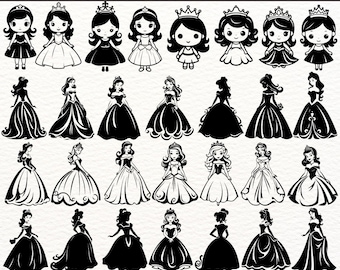 Paquete SVG de princesas, 100 imágenes prediseñadas de siluetas de princesas, lindas princesas SVG PNG Eps, archivos de corte de princesas para Cricut, arte de princesas de cuentos de hadas