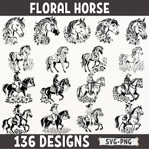 Florales Pferd SVG Bundle, 136 Pferd und Reiter Clipart Designs, Western Cowboy Pferd Silhouetten, Pferd Mandala Blumen PNG, digitaler Download