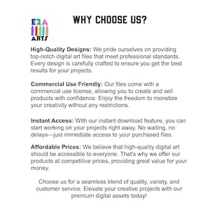 Op de afbeelding: Een afbeelding met de tekst "WHY CHOOSE US?" en een lijst met redenen om voor een bedrijf te kiezen, waaronder hoogwaardige ontwerpen, commercieel vriendelijke licenties, directe toegang en betaalbare prijzen.